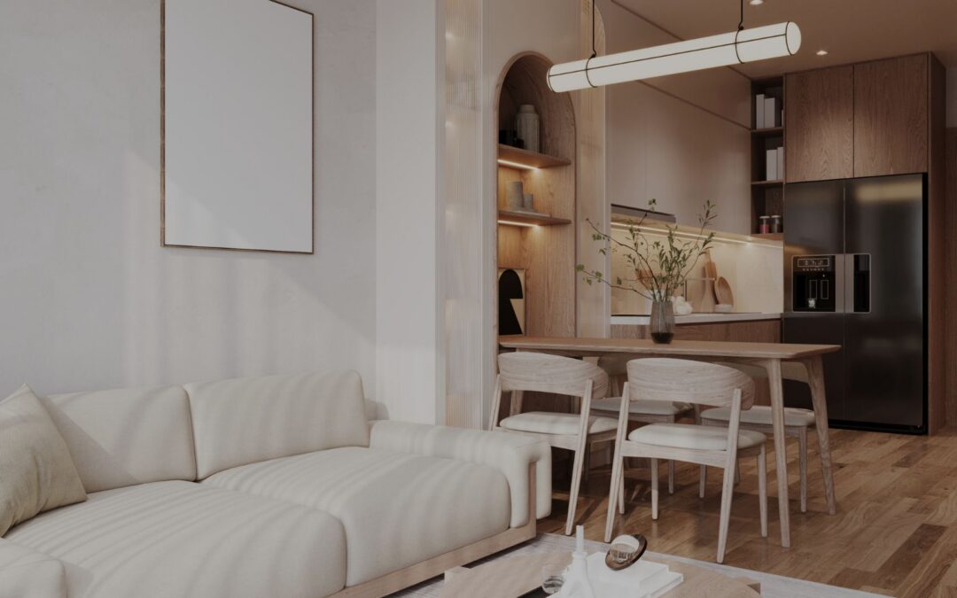 modern kitchen and living room design with white sofa next to white chairs at a dinning table with a countertop with flowers on top behind